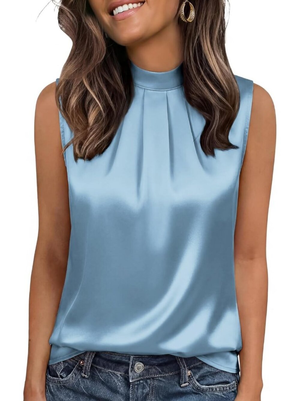 Women's Sky Blue Silk Stain Mock Neck Sleeveless Pleated Dressy Casual Tank Tops